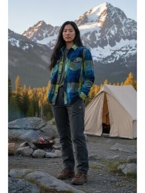 TOPO Designs Women's M Blue Green Plaid LS Shirt Gorpcore Outdoor Hiking Active